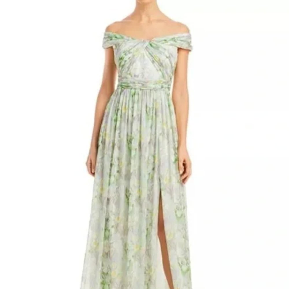 Adrianna Papell Floral-Print Off-The-Shoulder Chiffon Long Gown Size 4
